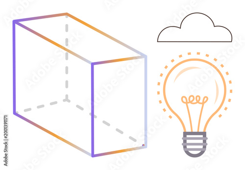 Innovation, creativity, design thinking, brainstorming, abstract ideas, inspiration. Geometric shape, glowing light bulb and cloud. Creativity and brainstorming concepts for design projects