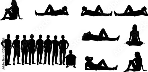 People silhouettes set showing lying sitting relaxing and group standing poses of men and women isolated on white background