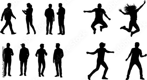 People silhouettes set showing walking standing talking and jumping poses of men and women isolated on white background for design