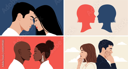 Romantic couples illustrations set showing love emotions including kissing thinking and relationship moments in flat design style isolated on white