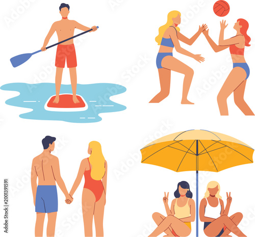 Summer beach people set, vacation activities collection with paddleboarding volleyball couples relaxing under umbrella and seaside lifestyle