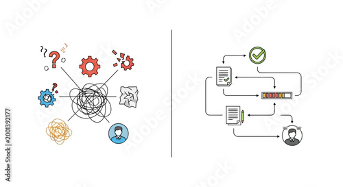 Business process flowchart, workflow optimization, management strategy, gear and cog icons