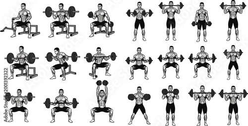 Weightlifting exercise illustration set showing squat press curl and strength training routines with male athlete isolated on white background