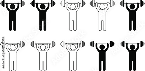 Weightlifting stick figure icons set showing overhead barbell exercise representing strength training fitness and gym activity isolated on white background
