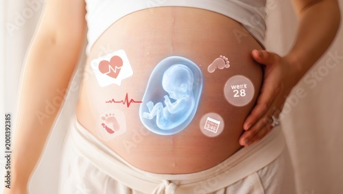 Pregnant woman's torso with baby graphics and health icons on her belly