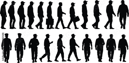 Worker silhouettes collection showing men walking in various poses with tools and bags, industrial labor and workforce concept isolated on white