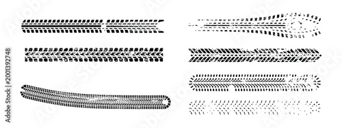 Black Tire Track Marks Isolated on White Background, Realistic Racing Tread Pattern Set, Car and Motorcycle Wheel Skid Traces, Grunge Texture Vector Illustration