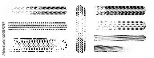 Black Tire Track Marks Isolated on White Background, Realistic Racing Tread Pattern Set, Car and Motorcycle Wheel Skid Traces, Grunge Texture Vector Illustration