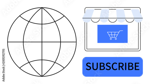 eCommerce, global shopping, subscription, online business, digital retail, marketing tools. A globe, storefront with shopping cart icon and subscribe button. eCommerce and global shopping