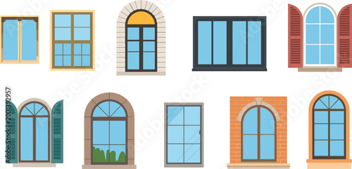 Window frames set, architectural collection with classic modern arched designs and decorative shutters elements