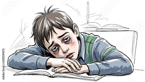 Sketch vector illustration of exhausted boy, tired student concept, burnout and stress emotion