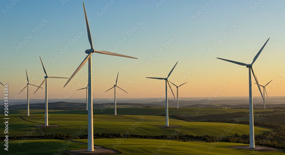 Fototapeta premium Expansive Wind Farm at Golden Hour Sunset