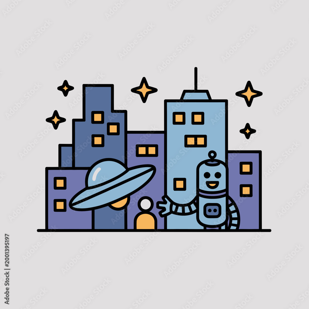 Obraz premium Robot Watching UFO over City at Night