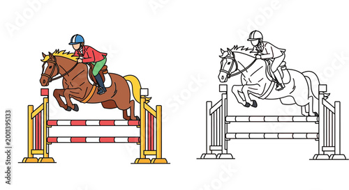 Equestrian Show Jumping Illustration: Colored and Black and White Line Art of a Horse and Rider Leaping Over a Hurdle Obstacle