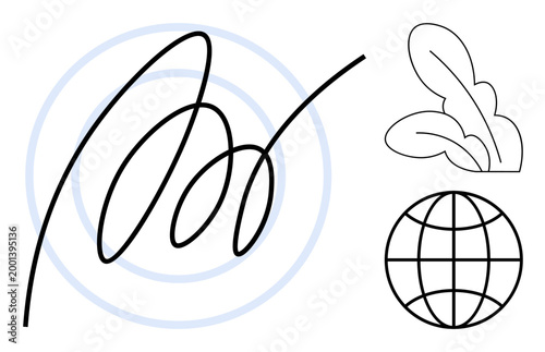 Communication, sustainability, eco-friendly practices, global collaboration, branding, digital identity. Artistic signature, globe and leaf design. Communication and sustainability concept