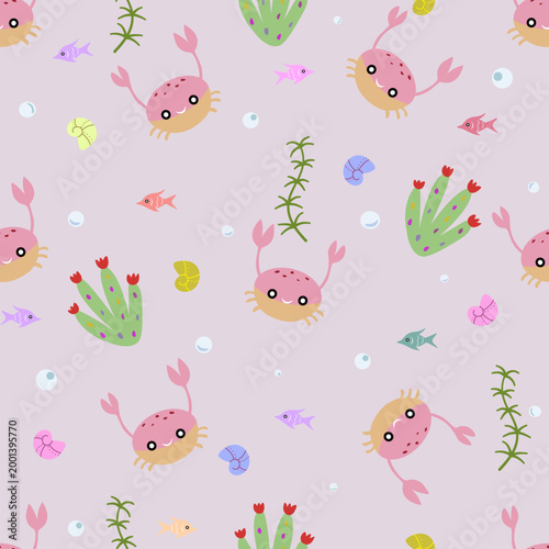 Cute Kawaii Crab Seamless Pattern Underwater Vector-Seamless pattern with cute pink crabs, fish, sea plants and bubbles on pastel background, perfect for kids fabric, nursery and ocean themes.