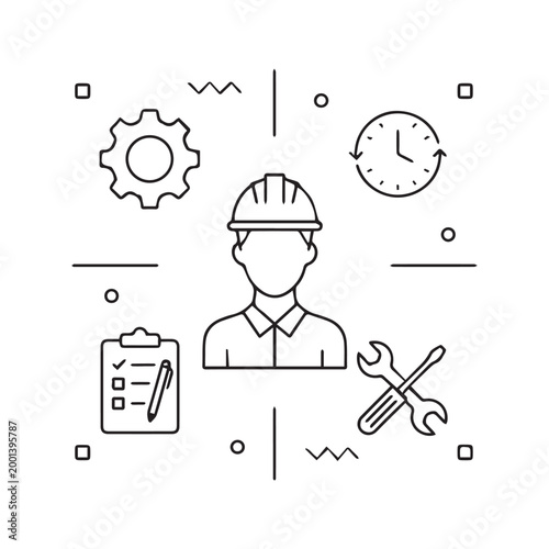 Industrial Management and Construction Worker Thin Line Icon Illustration
