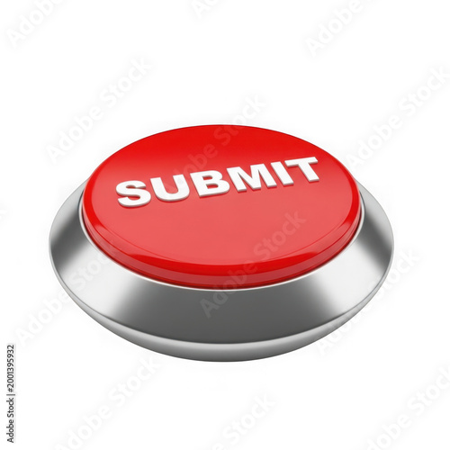 A sleek red submit button with a metallic finish and reflective surface isolated on transparent background