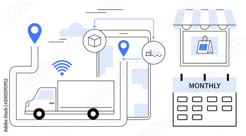 E-commerce, logistics, delivery systems, online shopping, route optimization, subscription services. A truck with tracking icons, tablet map and a store calendar. E-commerce and logistics concept