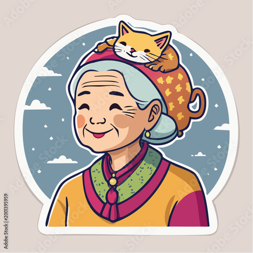 Elderly Woman with Cat on Head