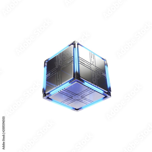 Futuristic Cube with Neon Blue Edges and Circuit Board Design Isolated on Transparent Background