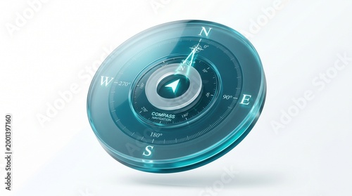 3D Glass Morphism Digital Compass Disc Teal Blue Transparent Navigation Object Isolated on White Background