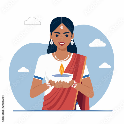 Woman in Saree Holding a Diya Lamp
