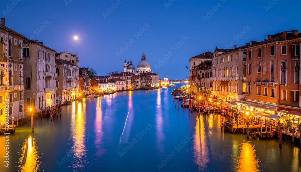 Fototapeta premium Illuminated canal with historic buildings at dusk, full moon above