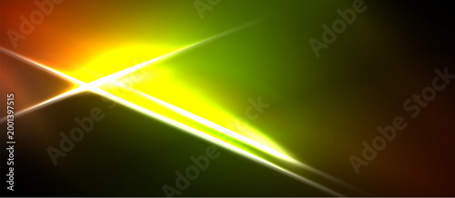 Bright abstract lines intersect. Colors blendyellow, green, orangeover dark background. Dynamic energy radiates from central point.