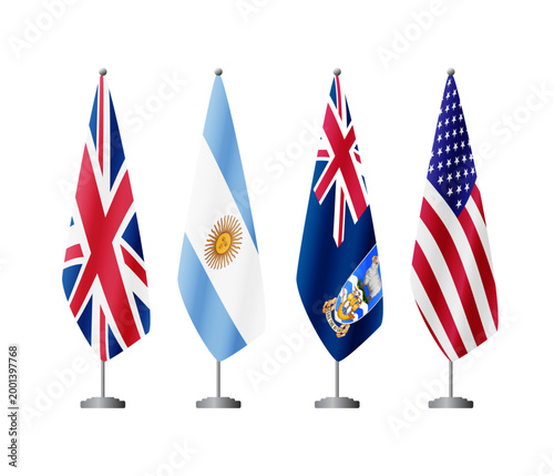 Four cone shaped flags on poles,Falkland Islands, Argentine,United Kingdom, United States, isolated on a transparent background