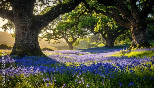 Bluebells Blooming Under Trees in Forest.