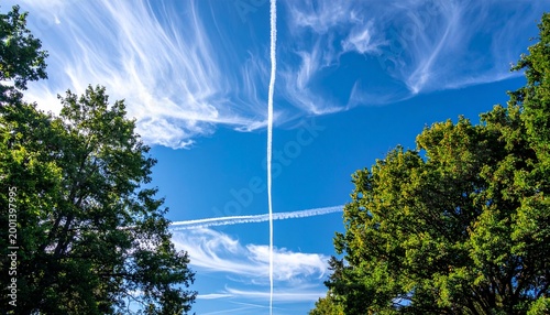 Blue Sky with Trees and Contrails.