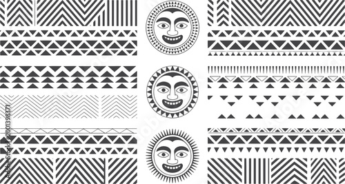 Polynesian tribal tattoo patterns and sun face symbols