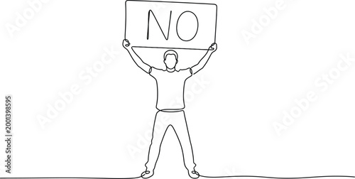Line art illustration of a person holding up a sign with the word "NO".vector illustration for concepts related to voting, decision-making, or refusal.