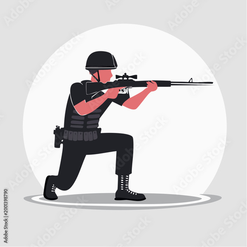 Soldier aiming sniper rifle in tactical gear