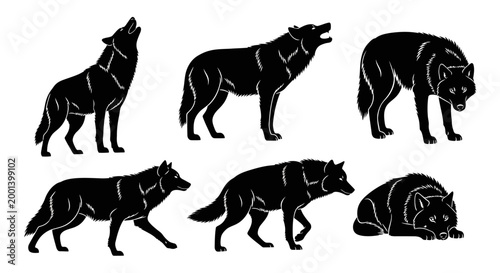 Wolf Silhouette Set: Collection of Black Wildlife Icons in Various Poses