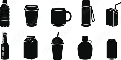 A collection of various beverage icons. Different types of cups, glasses, and containers are shown, including beer mugs, wine glasses, cocktails glasses, margarita glasses, coffee cups, teacups.