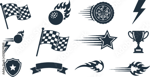 Racing Speed Motorsport Silhouette Elements Set Isolated on White Background