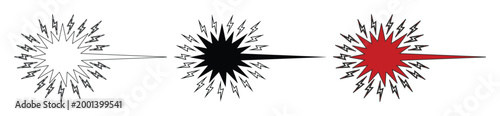 Laser beam impact vector set, industrial cutting spark icons, red and black high energy laser pulse symbols for manufacturing and technology