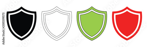 Minimalist shield icon set in four colors, flat vector security protection symbols, black white green and red safety badges for web interface design