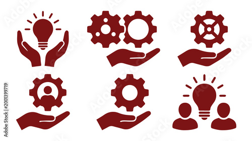 Business solution icons set with hands holding lightbulbs and gears. Professional management symbols for strategy and innovation. Maroon vector graphics.