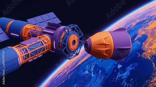 Spacecraft docking with a space station in orbit above earth