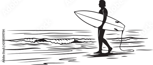 Surfing, surfer, beach, vector, illustration, black, white, line art, minimalist, sports, recreation