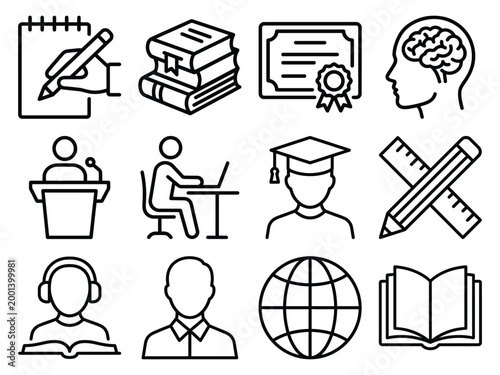 Education and learning icons: knowledge study school and university symbols education learning knowledge notebook