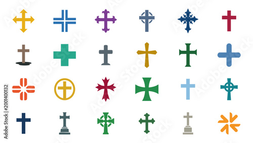 Christian Cross Icon Set with Religious Crucifix Faith Church Sacred Symbols and Memorial Shapes