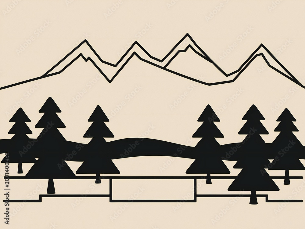 Obraz premium Stylized mountain landscape with pine trees and a bridge