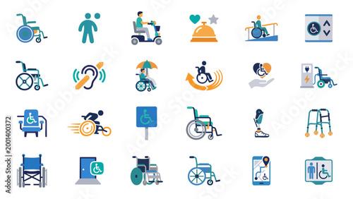 Accessibility Icon Set with Wheelchairs Disability Support Hearing Mobility Ramp and Inclusive Services