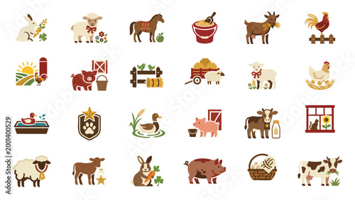 Farm Animal Icon Set with Cows Pigs Sheep Goats Horses Chickens Ducks Rabbits Barns and Rural Symbols