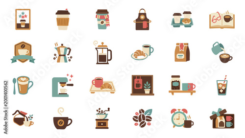 Coffee Cafe Icon Set with Espresso Latte Cups Beans Grinder French Press Barista Tools and Pastries