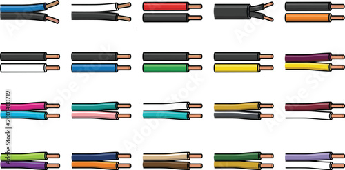 Electrical wires and cables collection with different colored insulation and connectors representing wiring systems power transmission and electrical engineering components